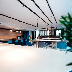 Großer Sozialraum mit Holzdekor, Pflanzen und modernen Sitzbereichen