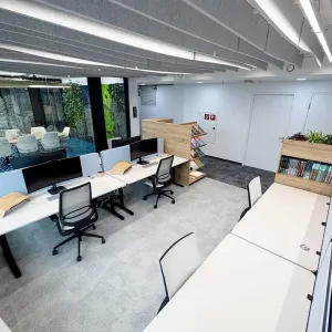 Nahaufnahme von begrüntem Pflanzenelement in modernem Open-Space-Büro
