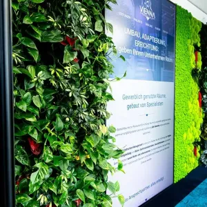 Vertikale Pflanzenwand mit Moos und digitaler Präsentationstafel